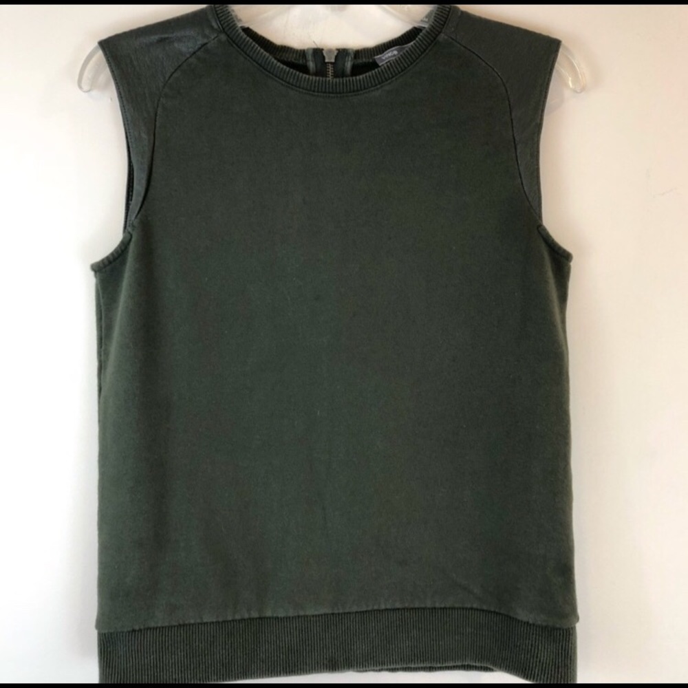 Vince Sleeveless Sweatshirt w/ Leather Accent